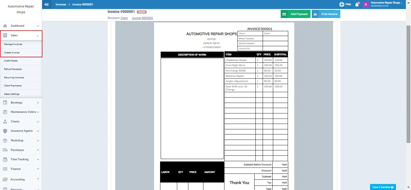 enerpize auto repair invoice