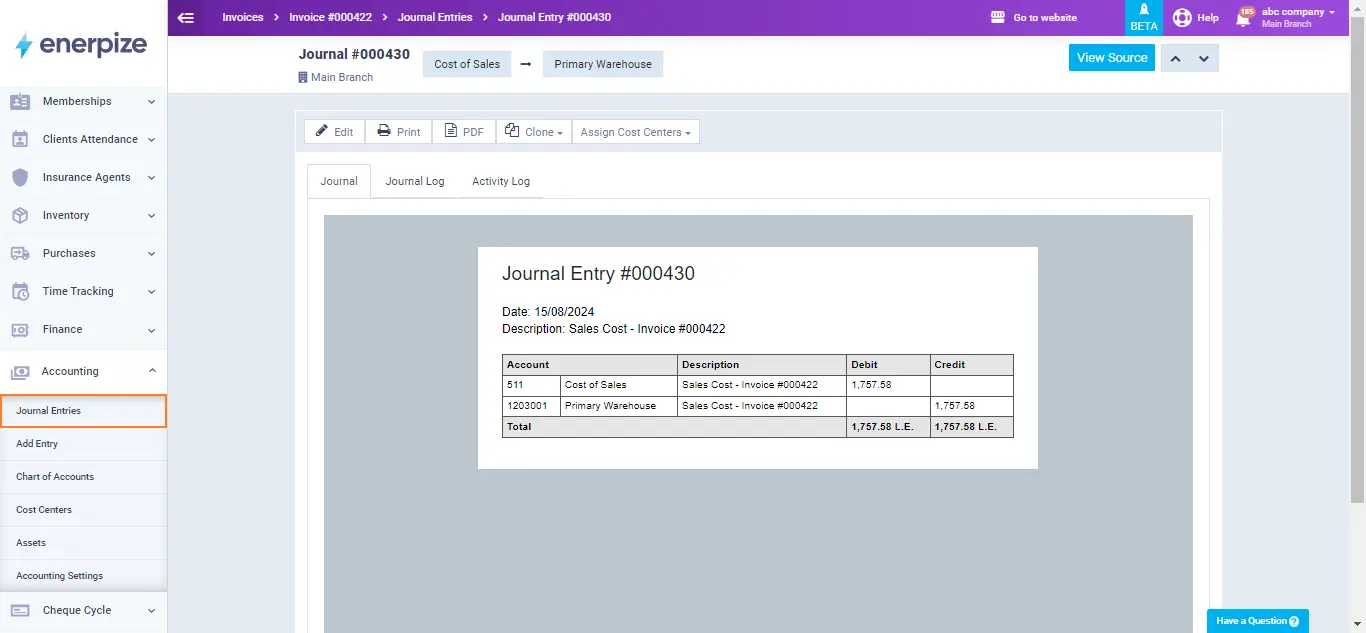 enerpize journal entries