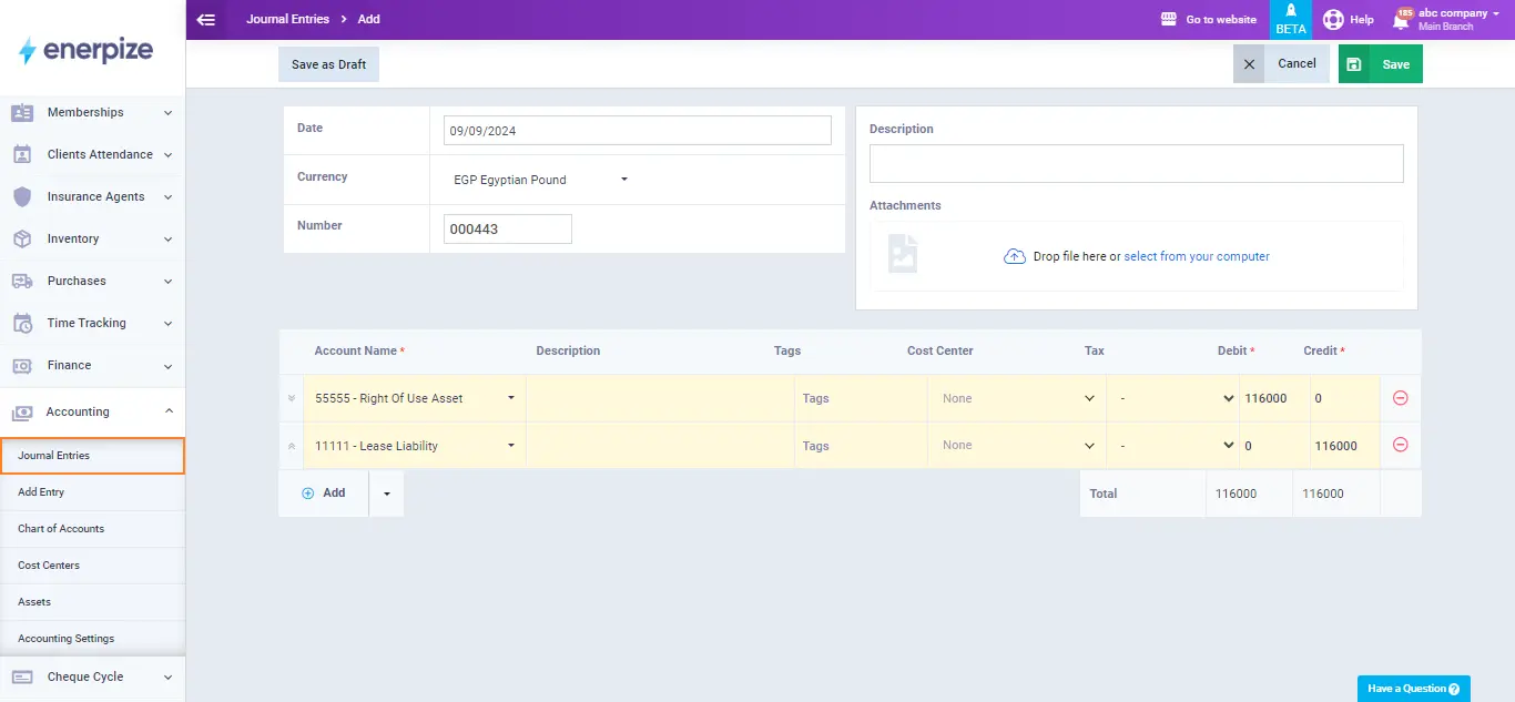 lease journal entries with enerpize