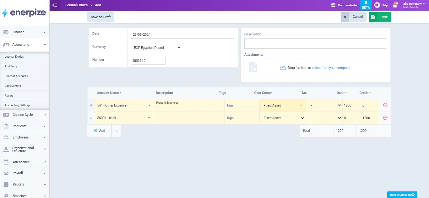 prepaid expense journal entries with Enerpize